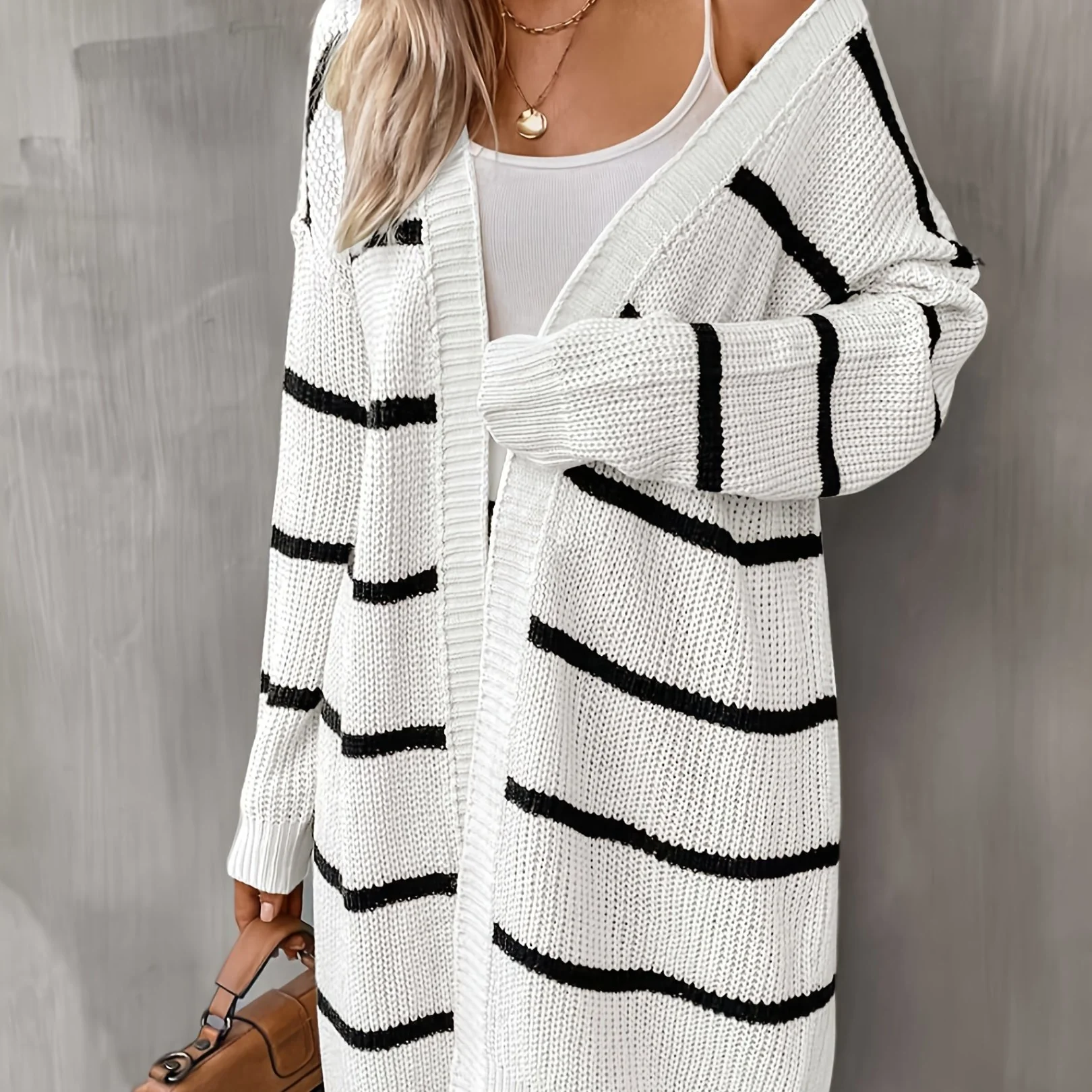 deanwangkt-1 Striped Open Front Drop Shoulder Cardigan, Casual Long Sleeve Cardigan For Fall & Winter, Women's Clothing - Deanwangkt