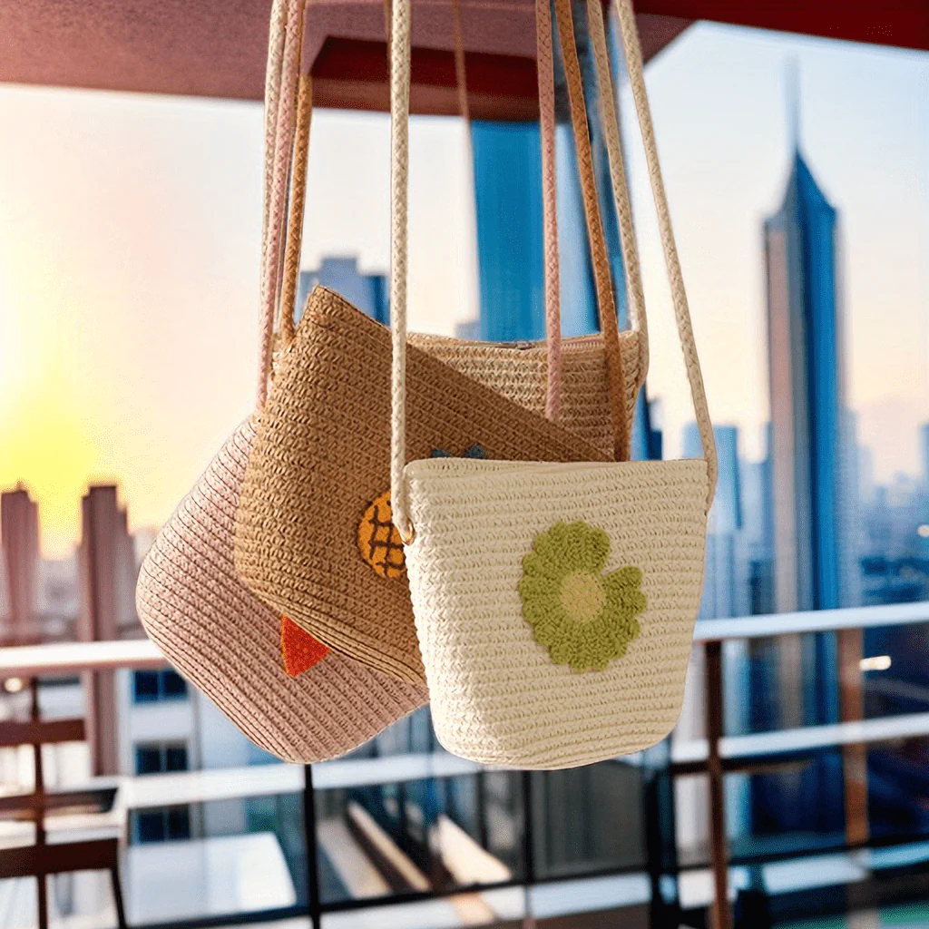 Flower & Fruits Pattern Woven Shoulder Bag, Minimalist Small Straw Crossbody Bag, Bohemian Summer Bag - Deanwangkt