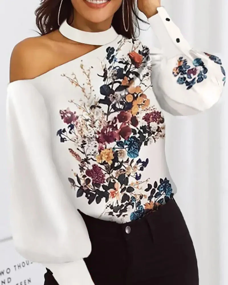 Deanwangkt - One Shoulder Floral Print Lantern Sleeve Top - Deanwangkt