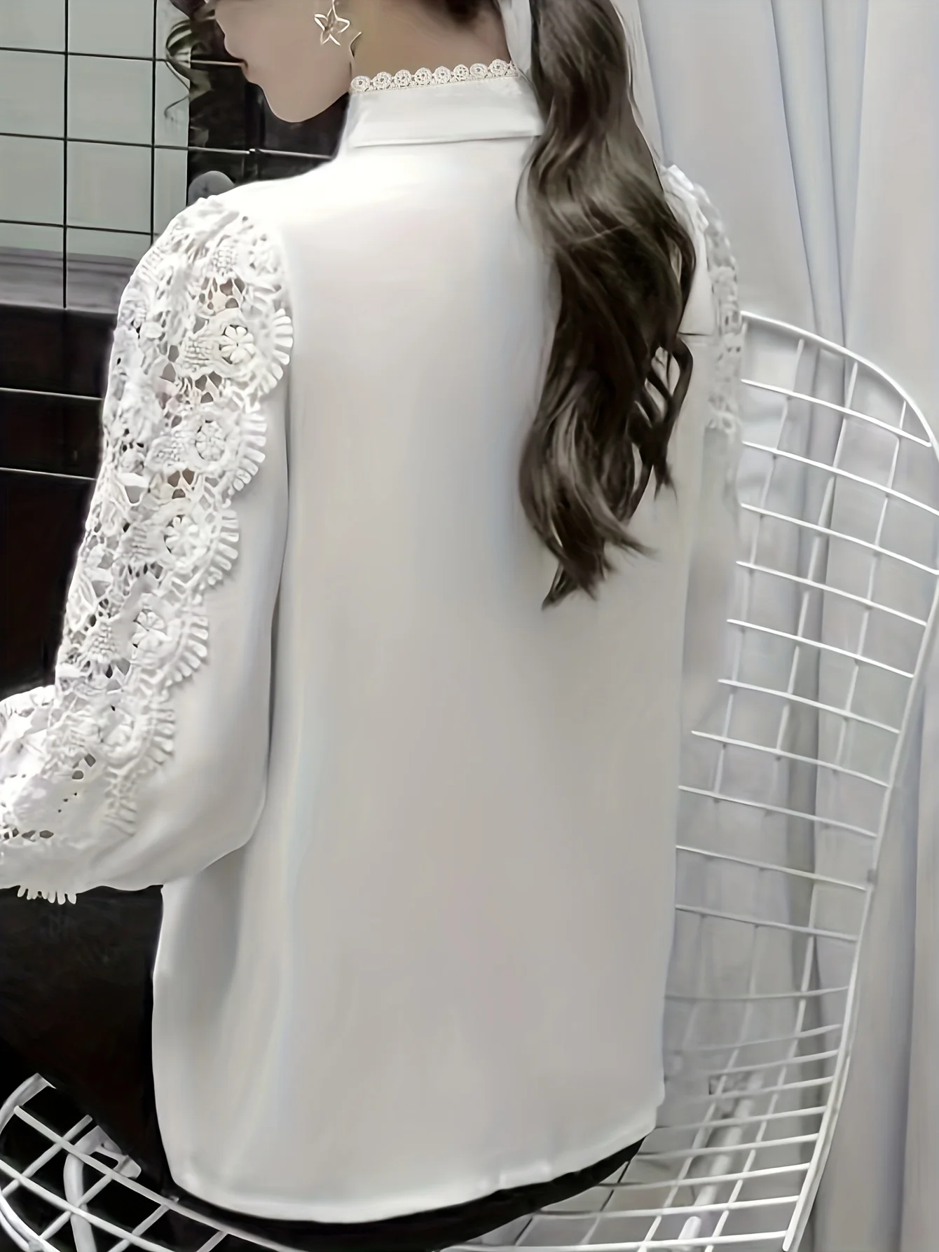 Solid Contrast Lace Blouse, Elegant Mandarin Collar Long Sleeve Blouse, Women's Clothing - Deanwangkt