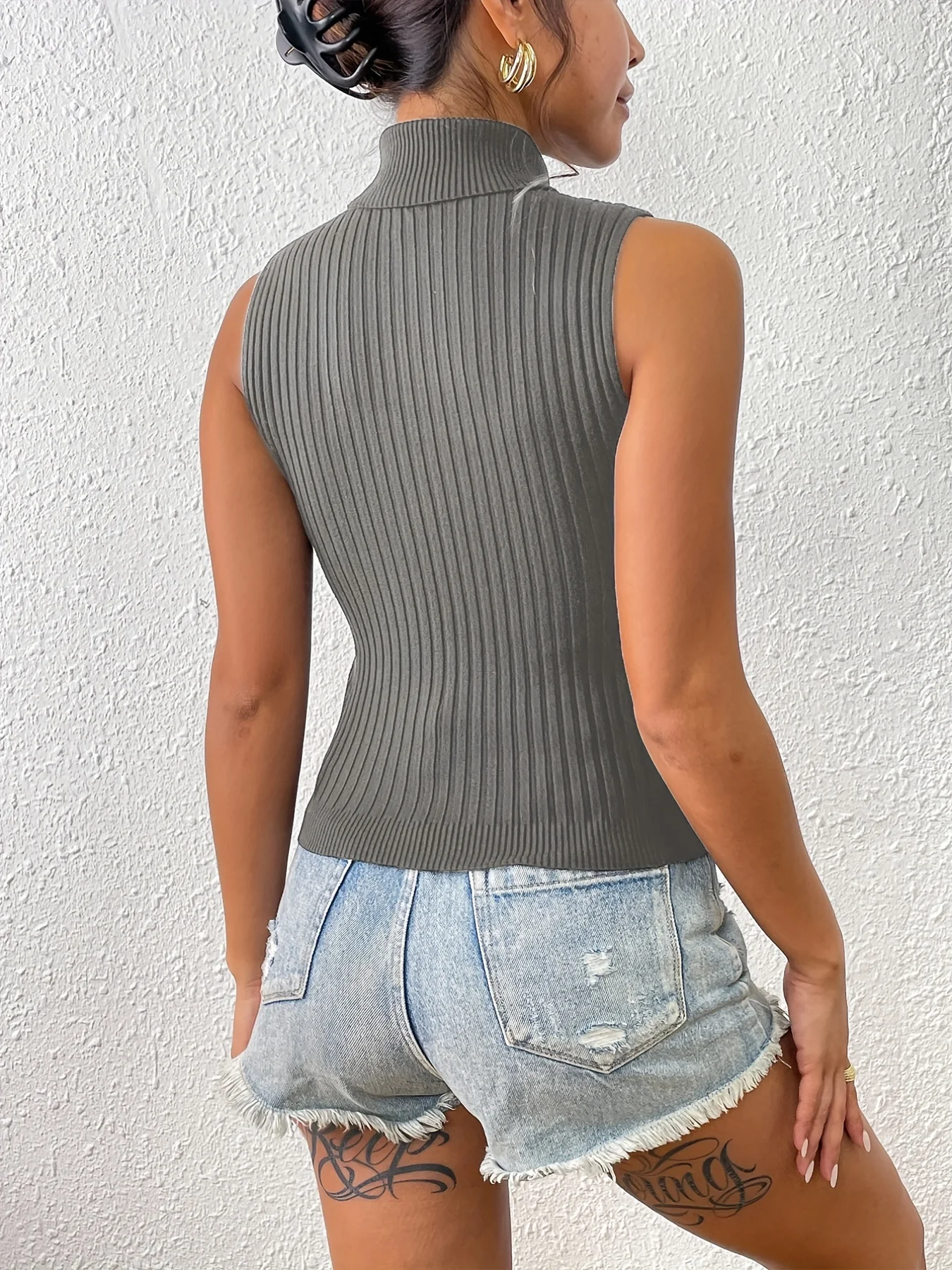 deanwangkt-1  Solid Turtle Neck Sweater Vest, Stylish Bodycon Sweater Vest, Women's Clothing - Deanwangkt