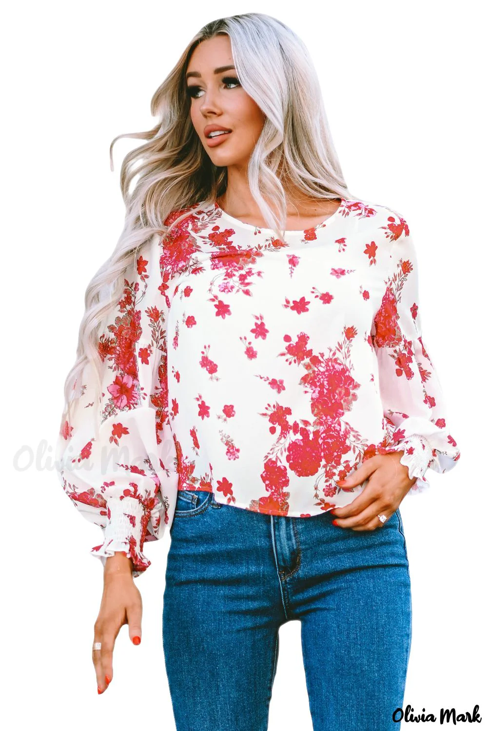 Deanwangkt - Pink floral blouse with round neck and bishop sleeves - Deanwangkt