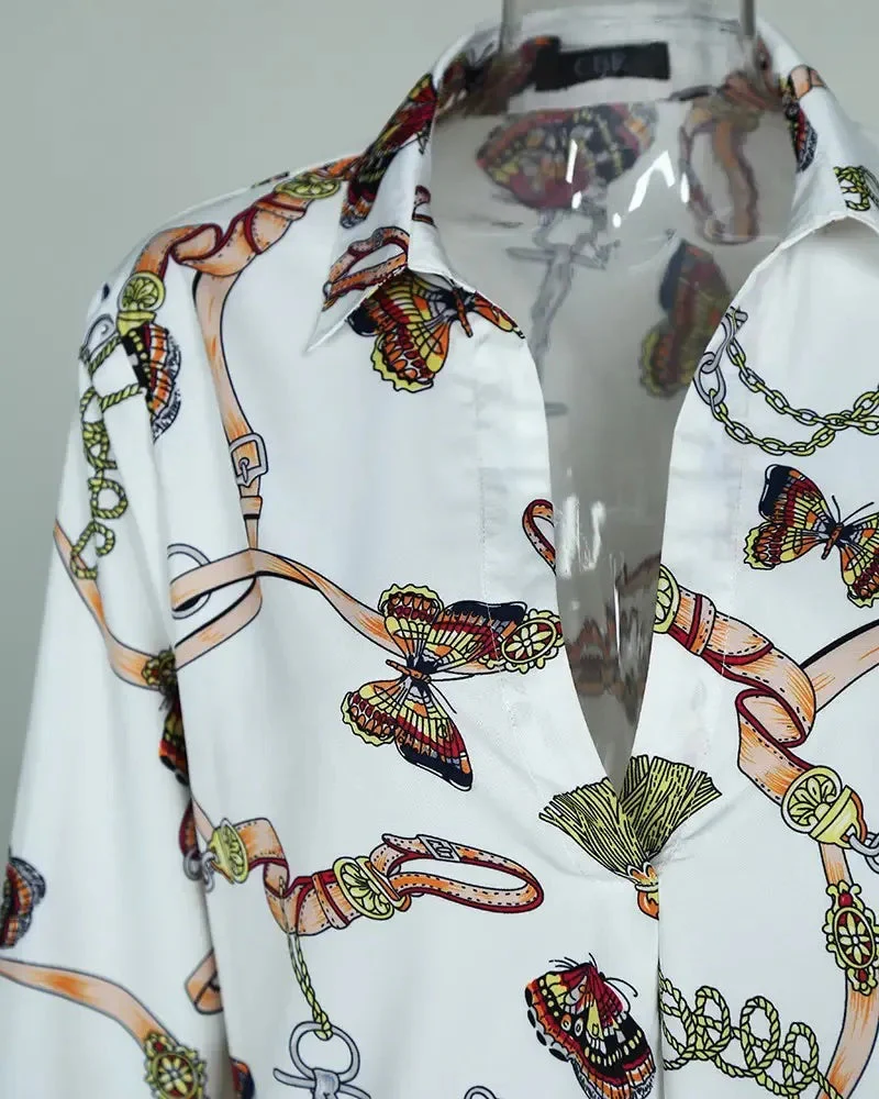 Deanwangkt - Chain Butterfly Print Long Sleeve Casual Shirt - Deanwangkt