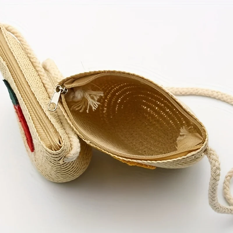 Flower & Fruits Pattern Woven Shoulder Bag, Minimalist Small Straw Crossbody Bag, Bohemian Summer Bag - Deanwangkt