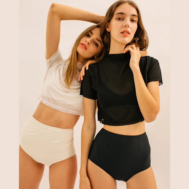 Back To School outfits Women High Waist Bikini Set Short Sleeve Swimwear Solid Biquinis Women Two Pieces Swimsuit Sexy High Neck Bathing Suit - Deanwangkt