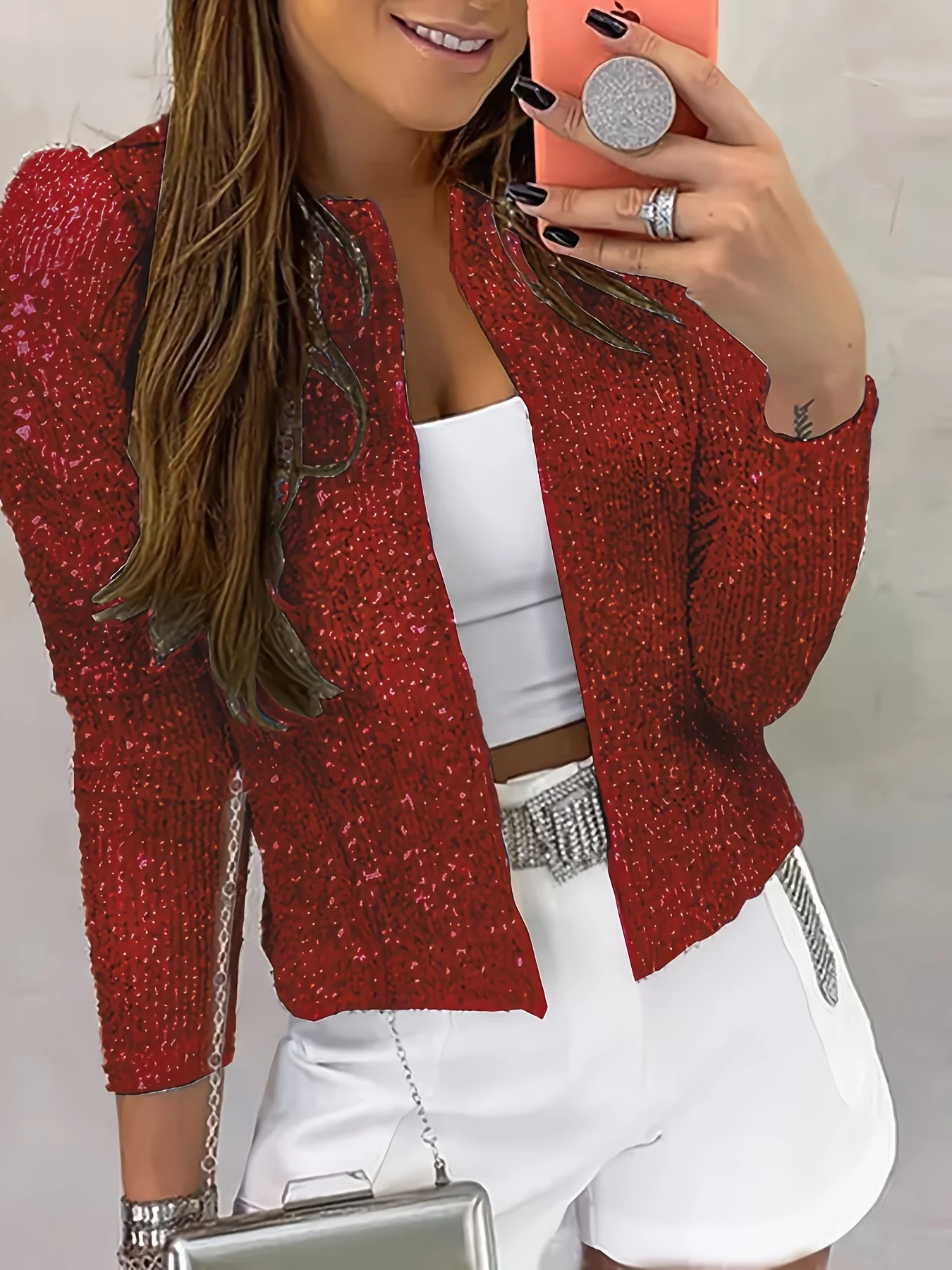 deanwangkt-1  Solid Crew Neck Sequined Jacket, Long Sleeve Casual Every Day Top For Spring & Fall, Women's Clothing - Deanwangkt