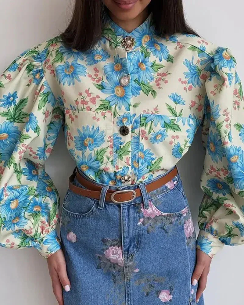 Deanwangkt - Floral Print Lantern Sleeve Button Up Top - Deanwangkt