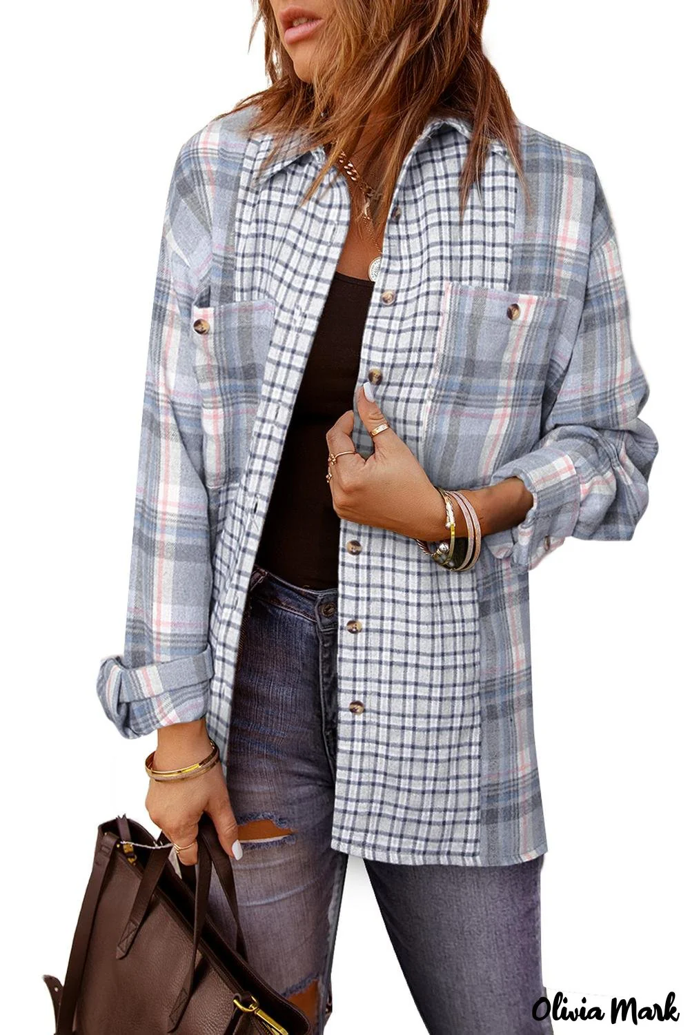 Deanwangkt - Pink Plaid Button Down Long Sleeve Shirt With Color Block Pocket - Deanwangkt