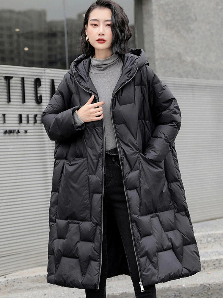 Black Friday Sales Winter Women Hooded Loose Thick Warm 90% White Duck Down Long Parkas Casual Female Zipper Pocket Down Coat Snow Outwear - Deanwangkt