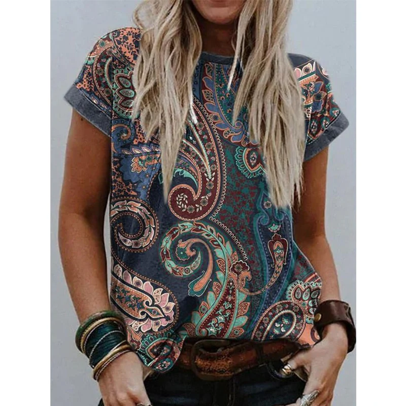 Christmas Gift Deanwangkt Summer Women New Urban Casual Round Neck Print Short Sleeve  T-shirt Ladies Retro Plus Size Loose Shirt Tops - Deanwangkt