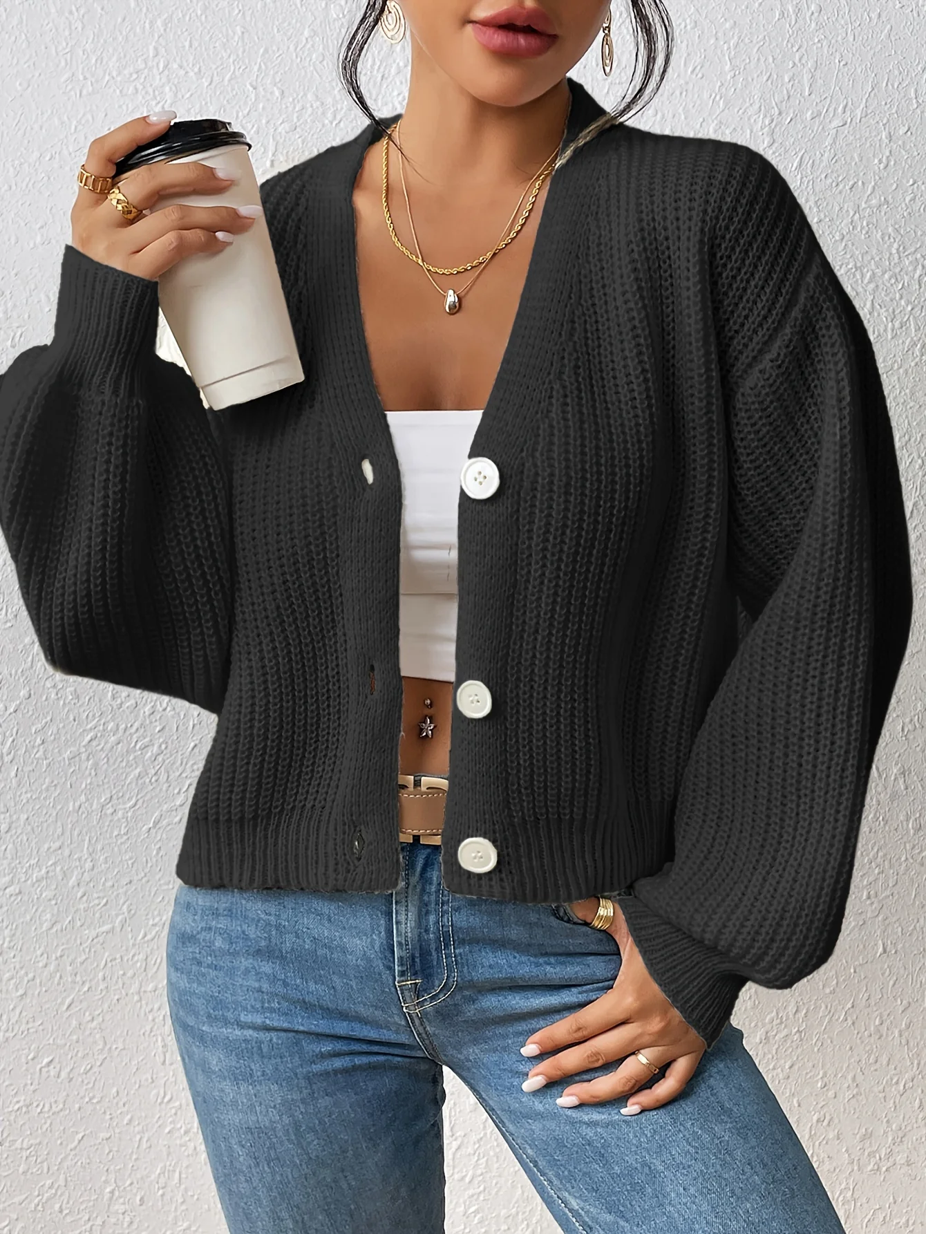 Solid Button Front Knitted Cardigans, Casual Long Lantern Sleeve Cardigan For Fall & Winter, Women's Clothing - Deanwangkt