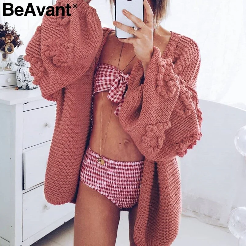 Christmas Gift  Loose women knitted cardigans Lantern sleeve heart crochet oversize sweaters Autumn winter female cardigan coats outwear - Deanwangkt