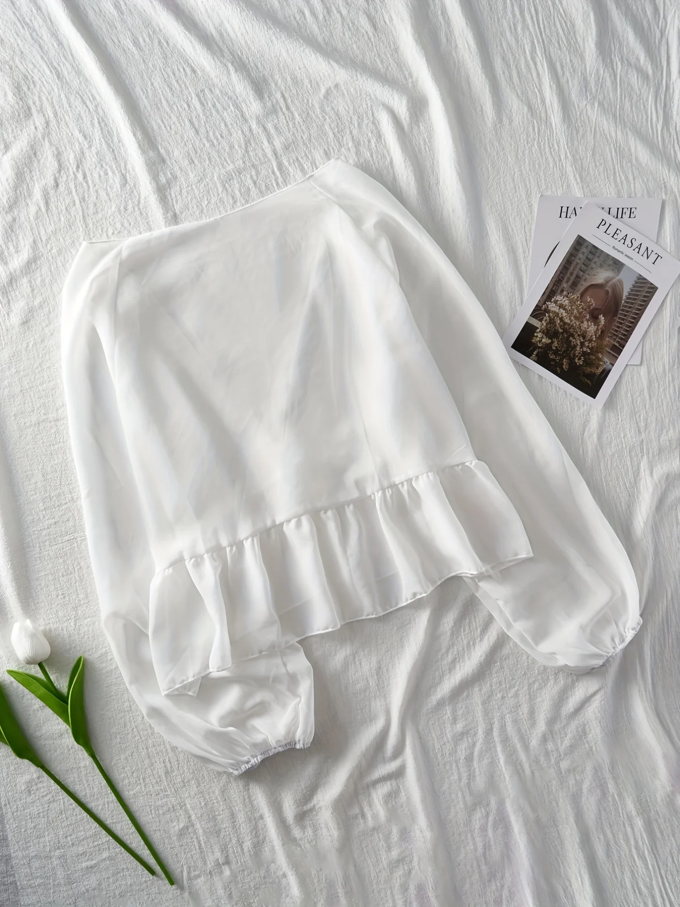 Long Sleeve Ruffle Hem Blouse, Loose Casual Top, Women's Clothing - Deanwangkt