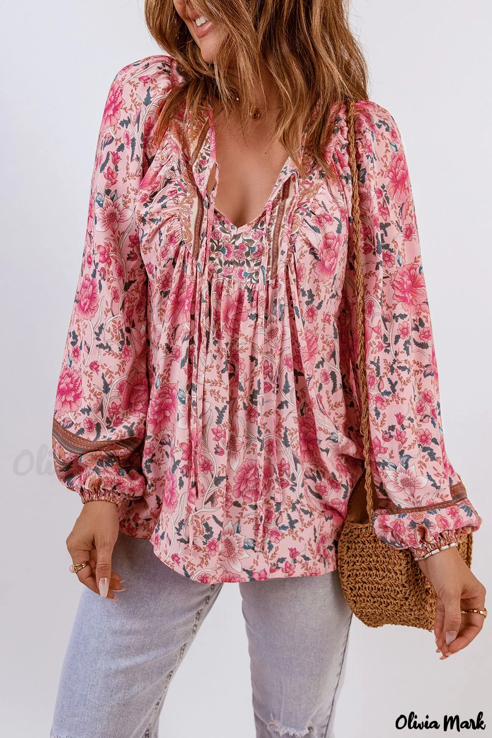 Deanwangkt - Pink Floral Print Drawstring Babydoll Blouse - Deanwangkt