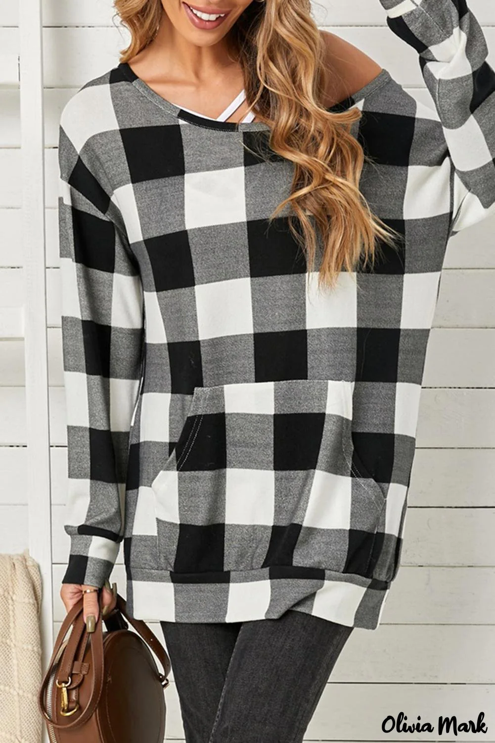 Deanwangkt - Plaid Kangaroo Pocket Long Sleeve Blouse - Deanwangkt