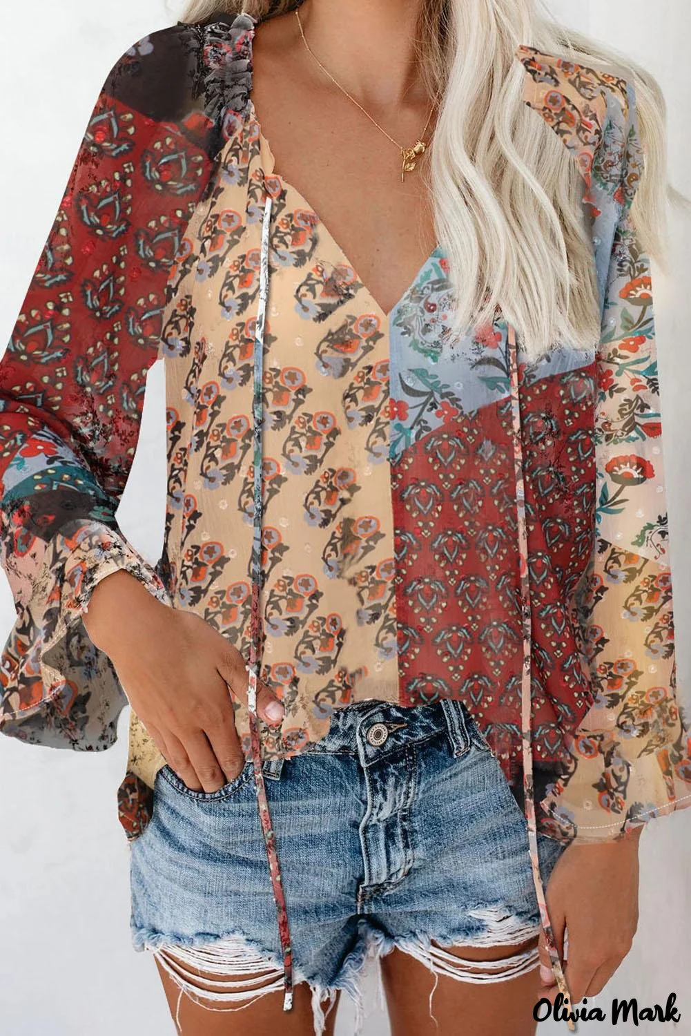 Deanwangkt - Multicolor Floral Print Drawstring Long Sleeve Blouse - Deanwangkt