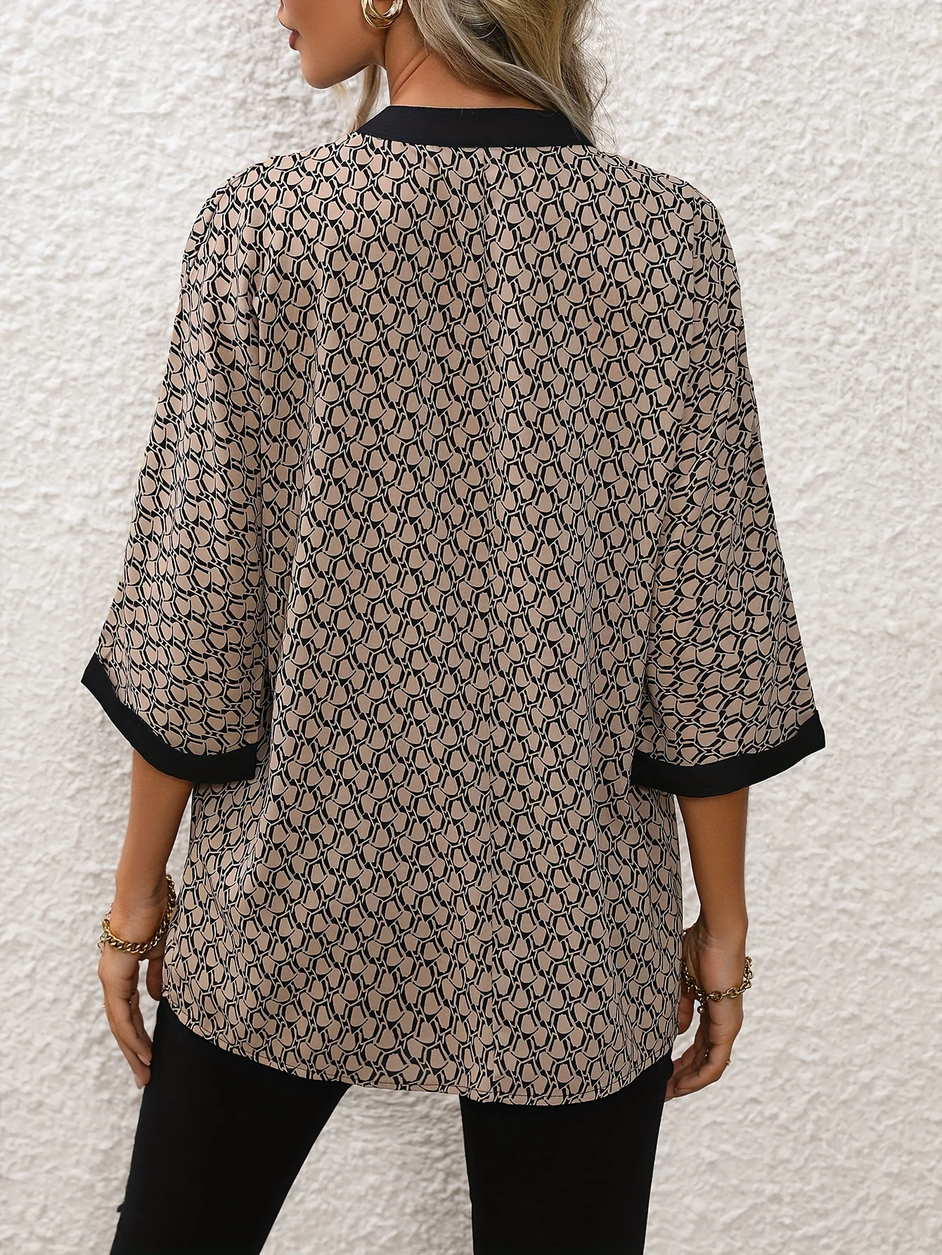 Full Printed Half Sleeve Blouse, Elegant Versatile V Neck Blouse, Women's Clothing - Deanwangkt