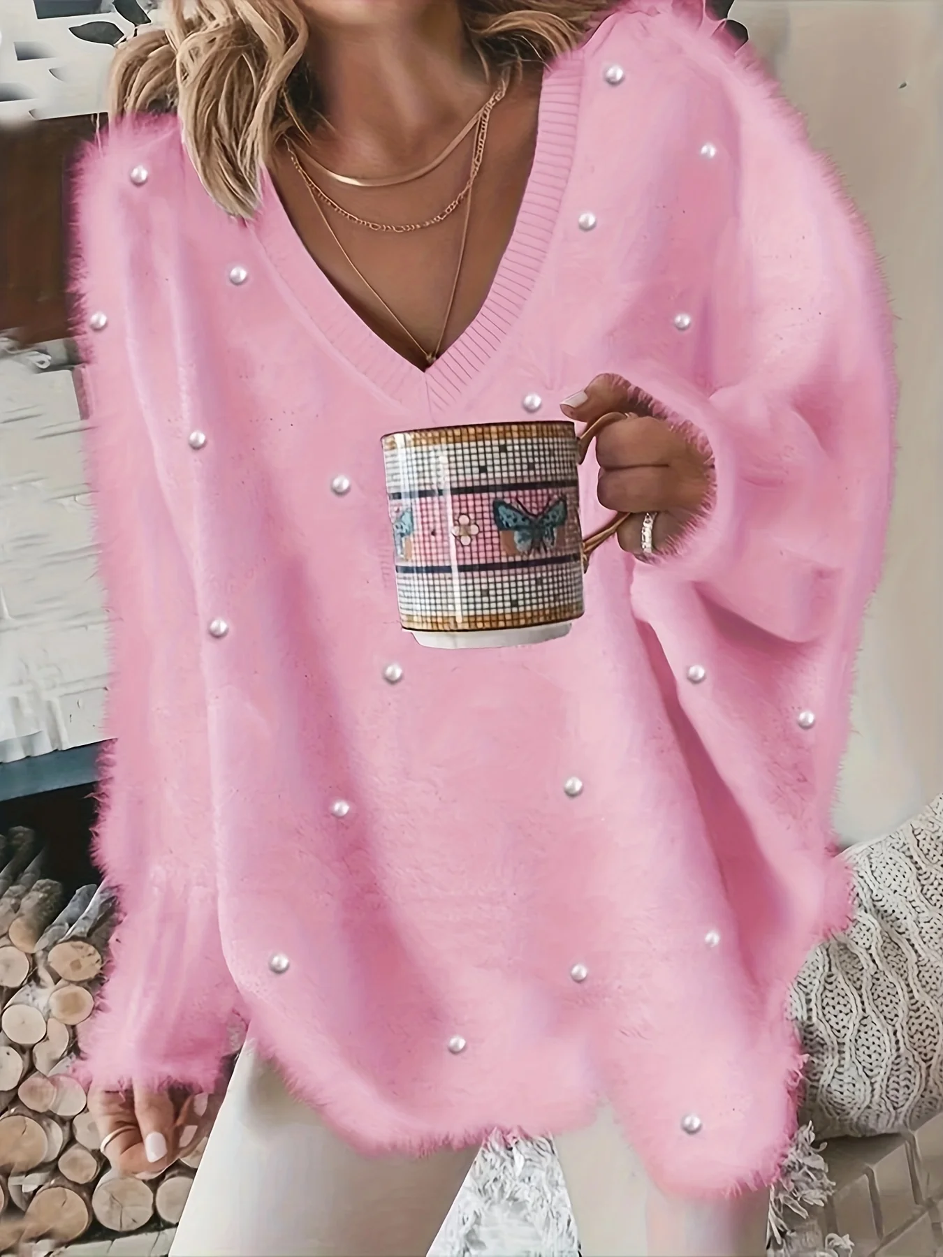 deanwangkt-1  Rhinestone V Neck Fuzzy Sweater, Casual Long Sleeve Loose Sweater, Women's Clothing - Deanwangkt