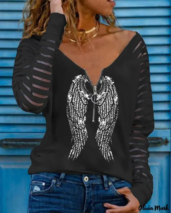 Deanwangkt - Feather Print Long Sleeve Zipper Blouse - Deanwangkt