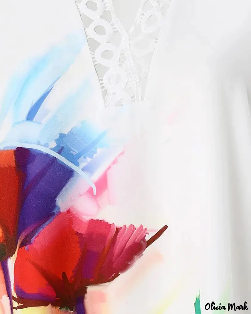 Deanwangkt - Floral Print Contrast Lace Rolled Sleeve Top - Deanwangkt