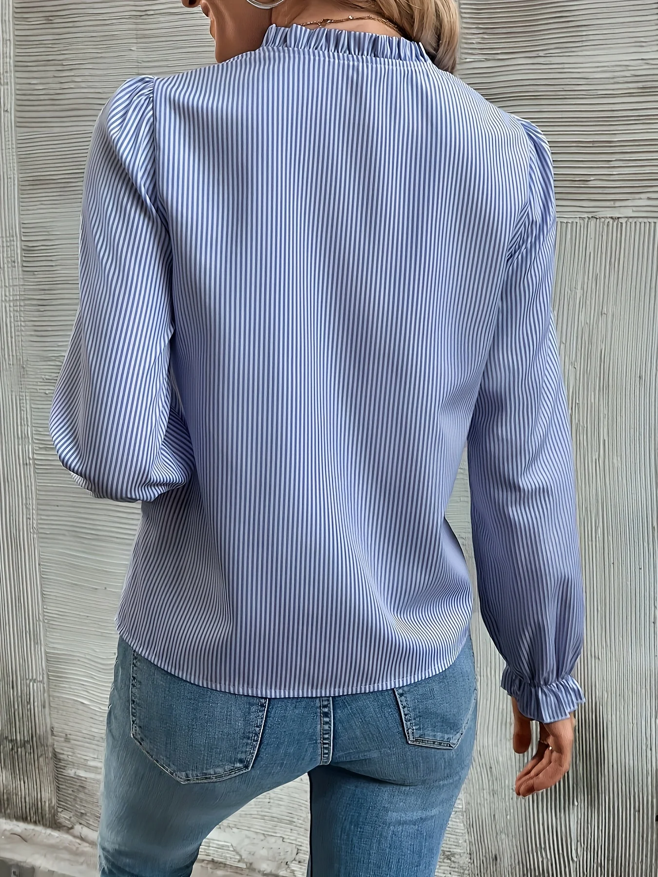 Striped Print Lettuce Trim Blouse, Elegant V Neck Button Front Blouse, Women's Clothing - Deanwangkt