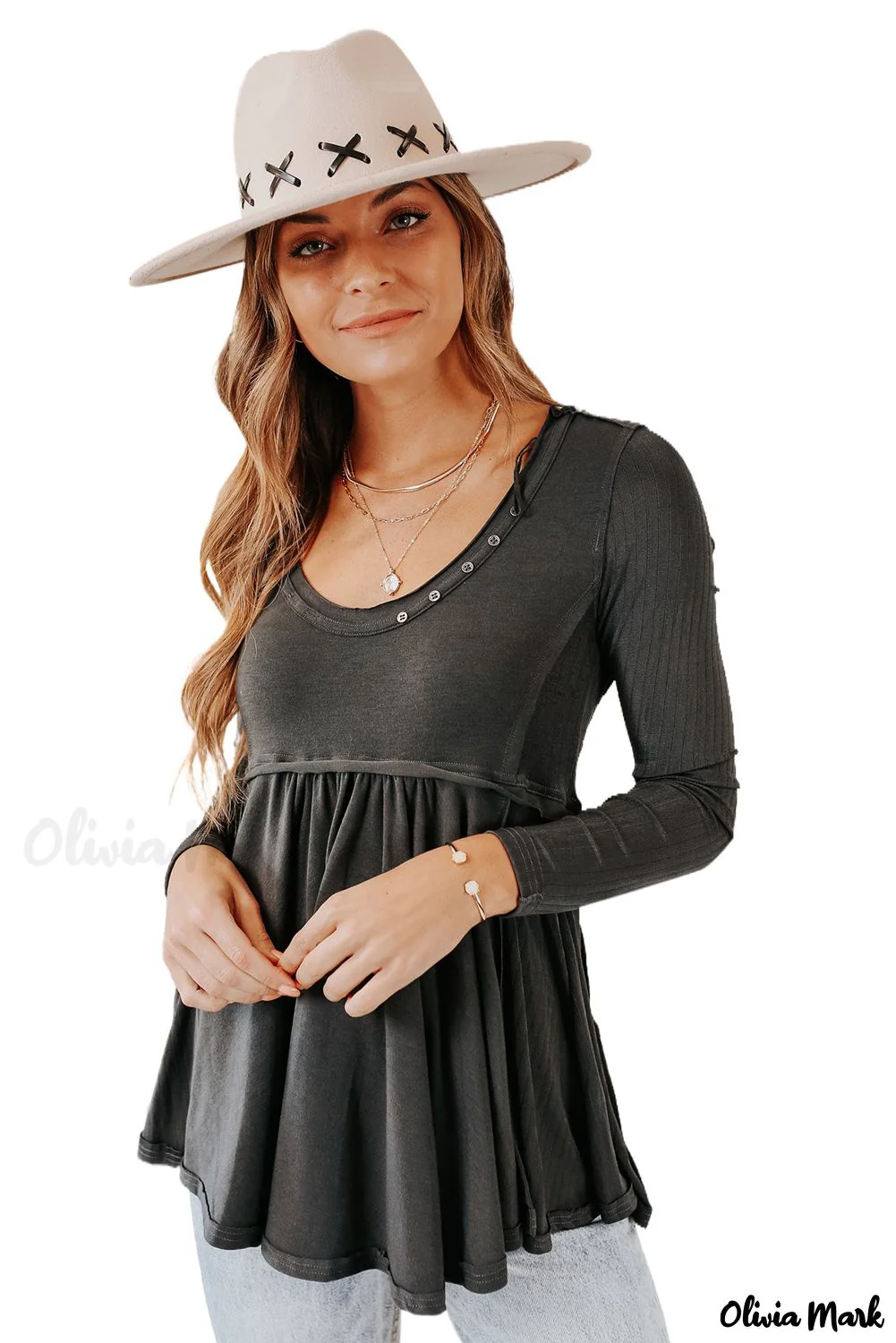 Deanwangkt - Black Babydoll Blouse with Long Sleeves and Solid Color Buttons - Deanwangkt