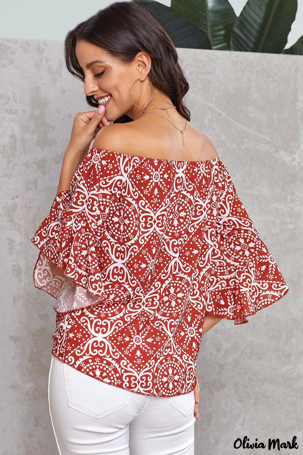 Deanwangkt - Bohemian red blouse with floral print and bare shoulders - Deanwangkt