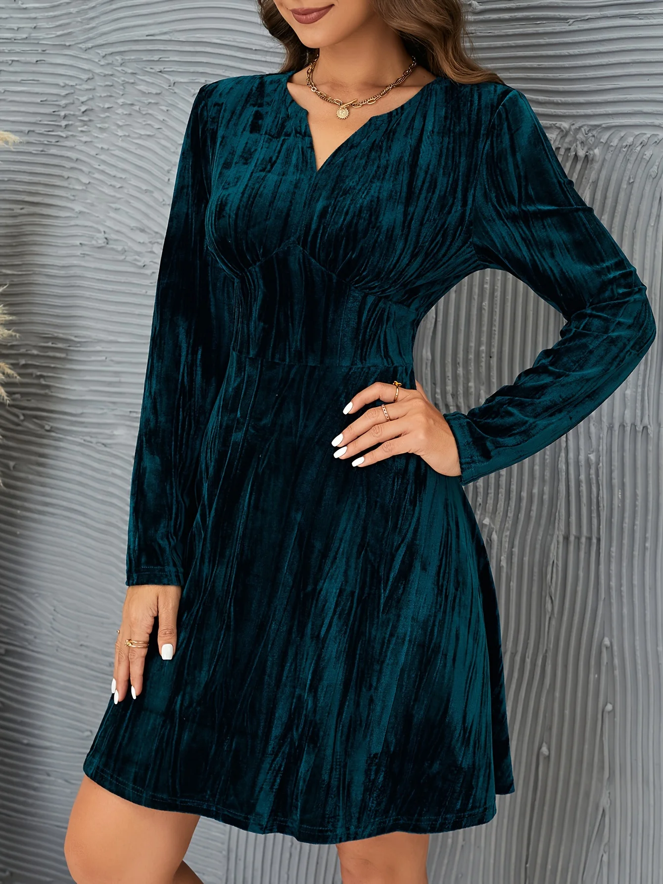 deanwangkt-1  Solid Velvet Long Sleeve Dress, Casual Cinched Waist V Neck Dress For Spring & Fall, Women's Clothing - Deanwangkt