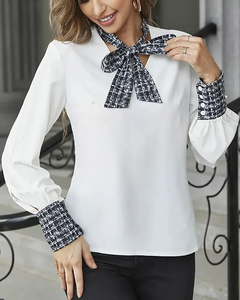 Deanwangkt - Plaid Tie-Neck Lantern Sleeve Top - Deanwangkt