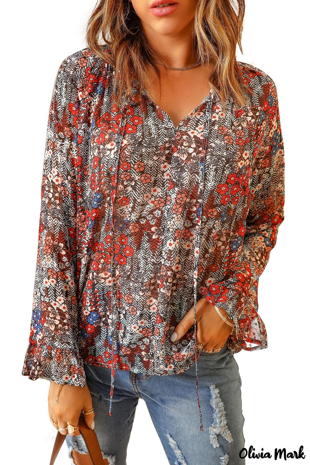 Deanwangkt - Multicolor Floral Print Drawstring Long Sleeve Blouse - Deanwangkt