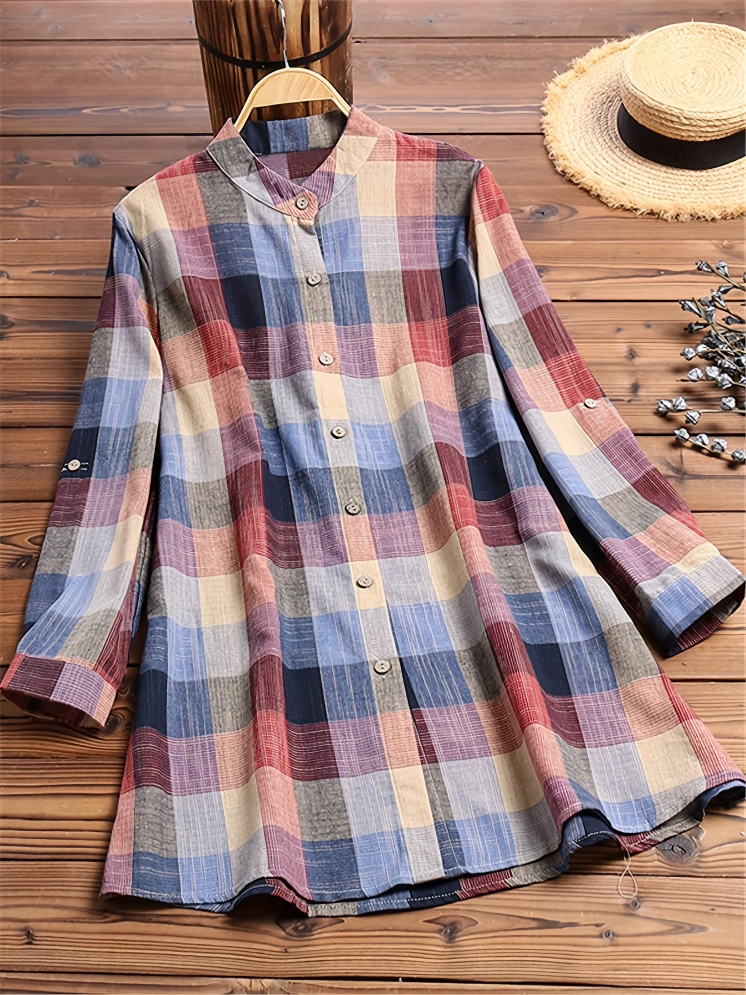 Plaid Print Button Front Shirt, Casual Long Sleeve Shirt, Women's Clothing - Deanwangkt