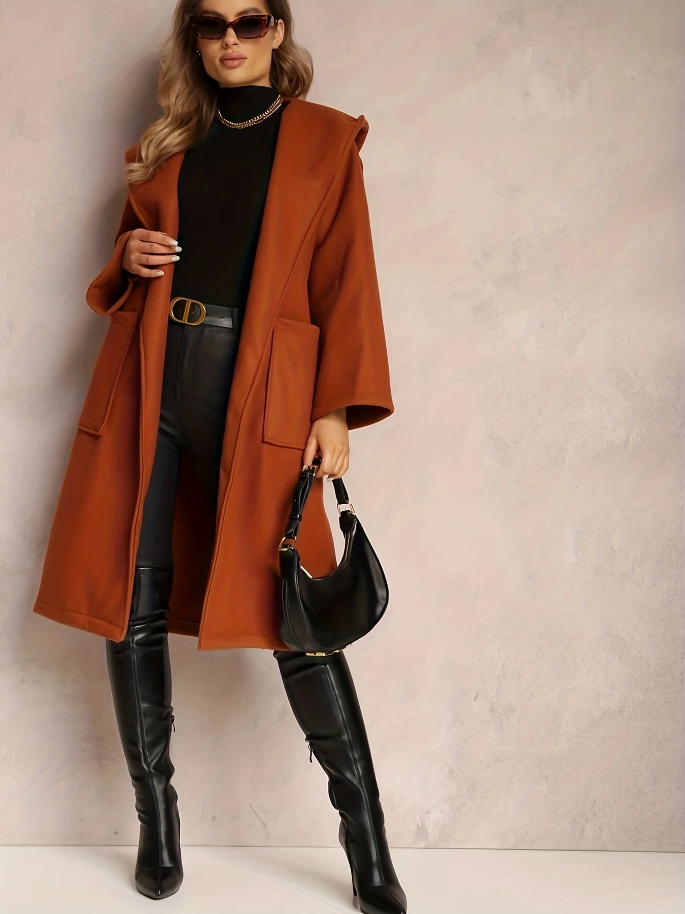 deanwangkt-1  Plus Size Casual Coat, Women's Plus Solid Long Sleeve Open Front Hooded Side Split Hooded Longline Woolen Coat With Belt - Deanwangkt