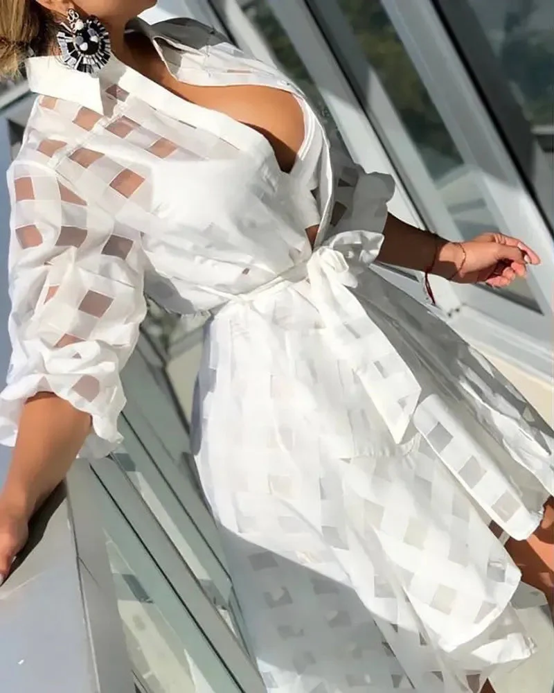 Deanwangkt - Plaid Sheer Mesh Button Down Shirt With Belt - Deanwangkt