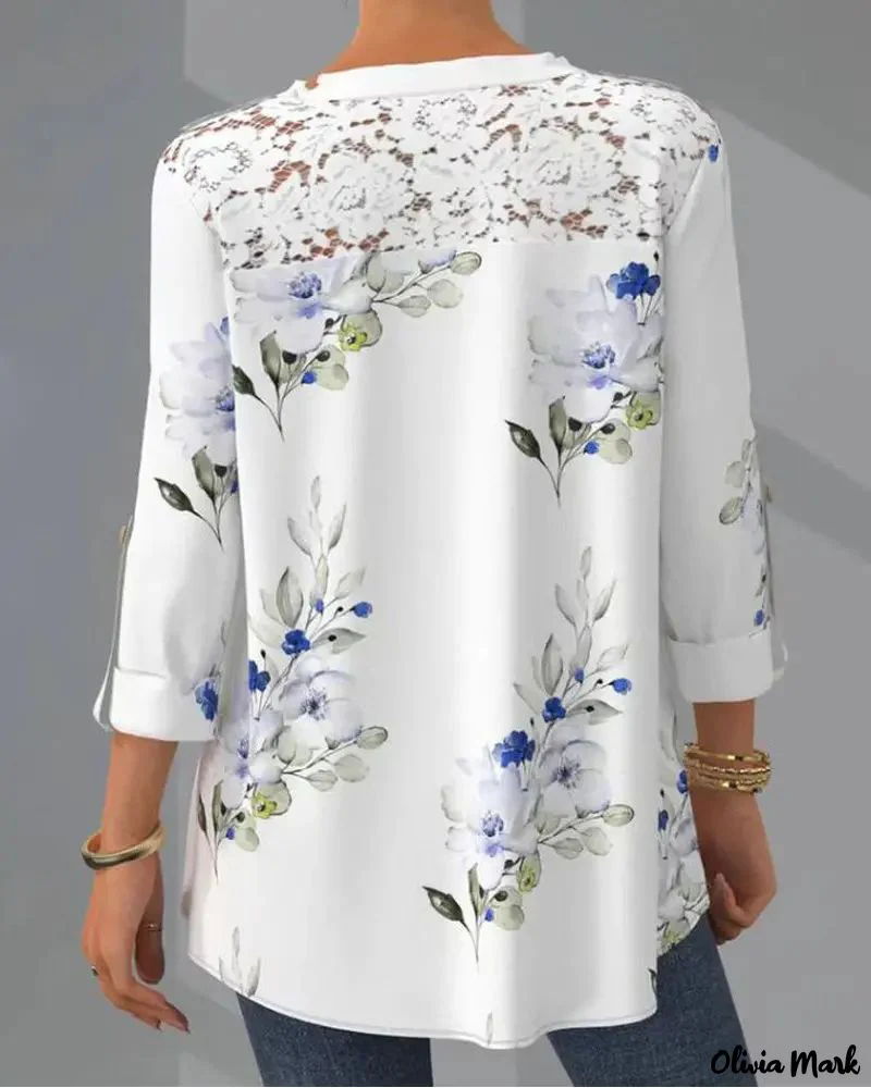 Deanwangkt - Floral Print Contrast Lace Button Front Top - Deanwangkt