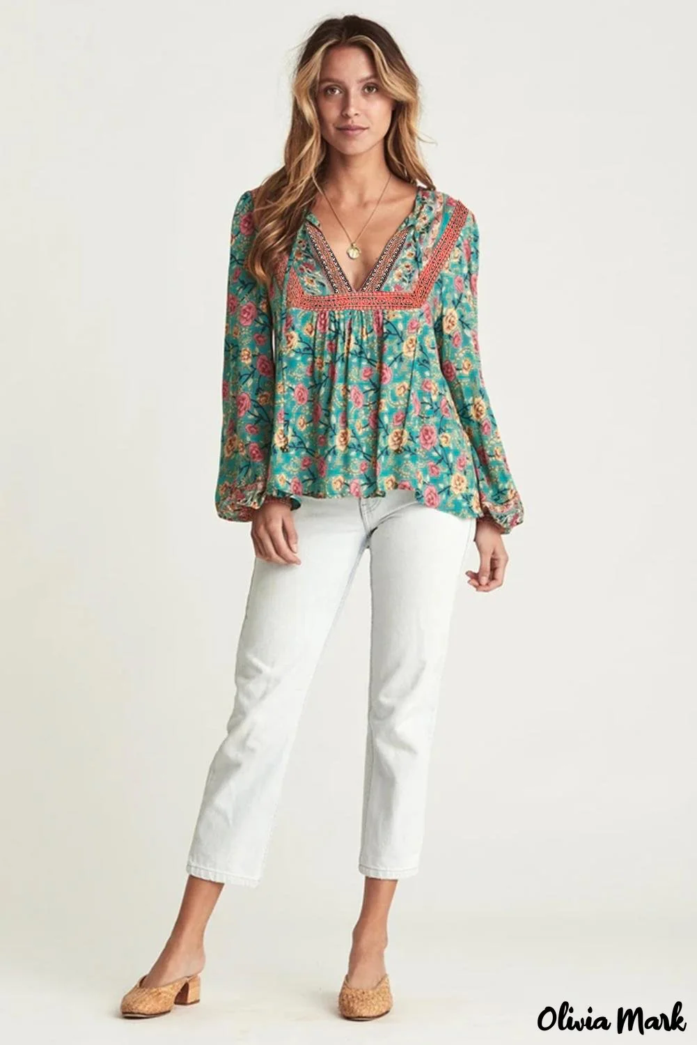 Deanwangkt - Green Floral Lantern Sleeve Blouse - Deanwangkt