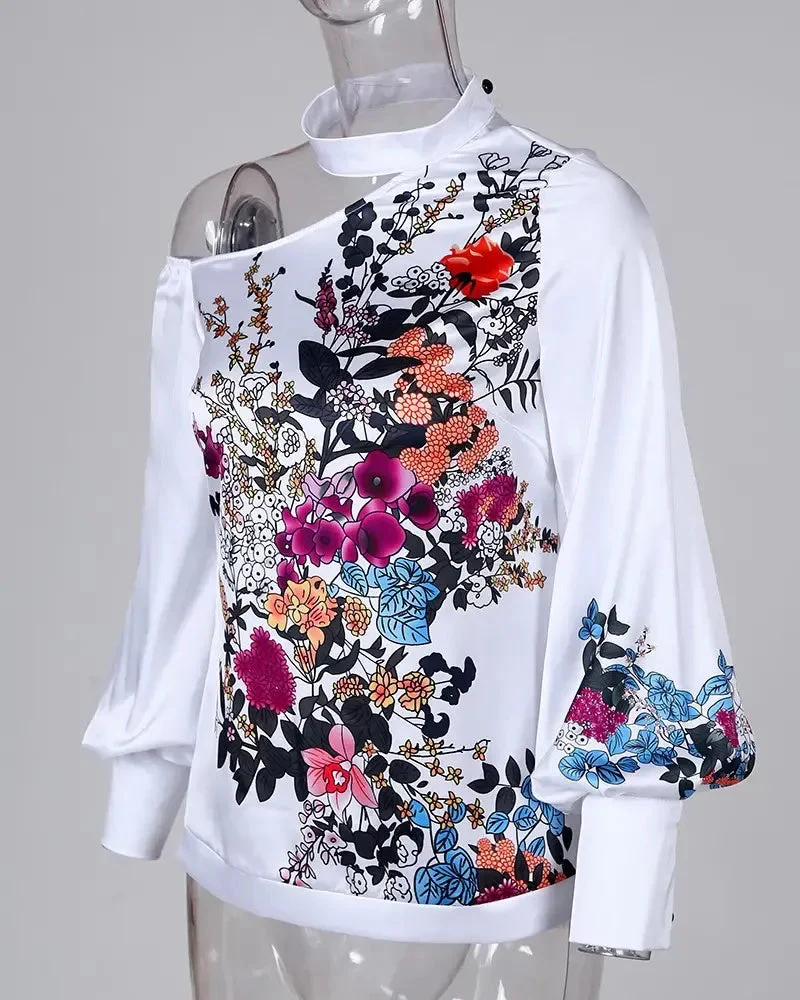 Deanwangkt - One Shoulder Floral Print Lantern Sleeve Top - Deanwangkt