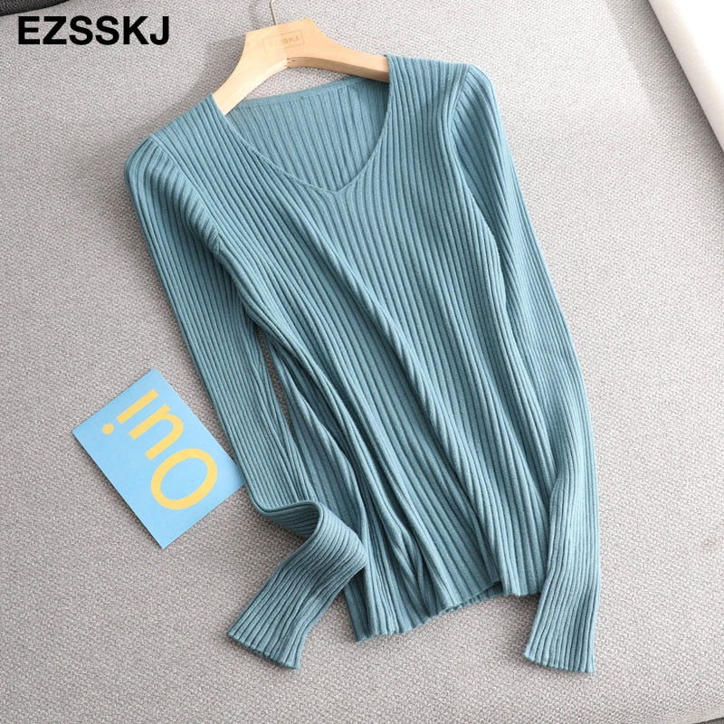 Christmas Gift Deanwangkt basic v-neck solid autumn winter Sweater Pullover Women Female Knitted sweater slim long sleeve badycon sweater cheap - Deanwangkt