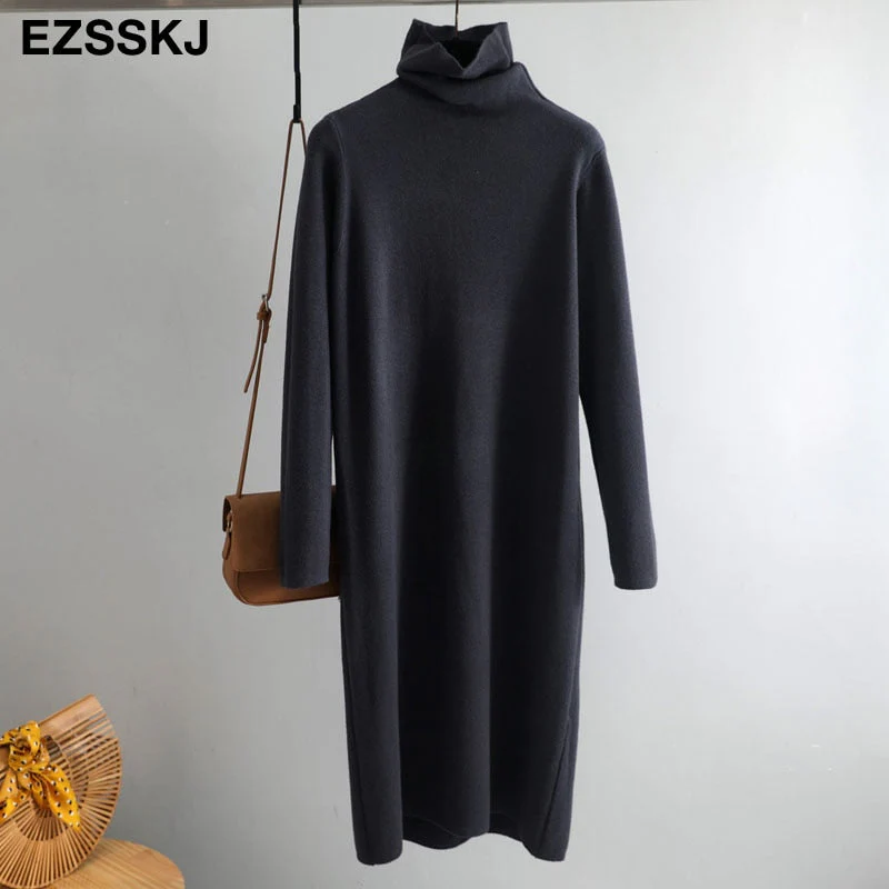 Christmas Gift Deanwangkt Casual autumn winter Pile collar thick maxi weater pullovers dress Women basic loose sweater female turtleneck long dress - Deanwangkt
