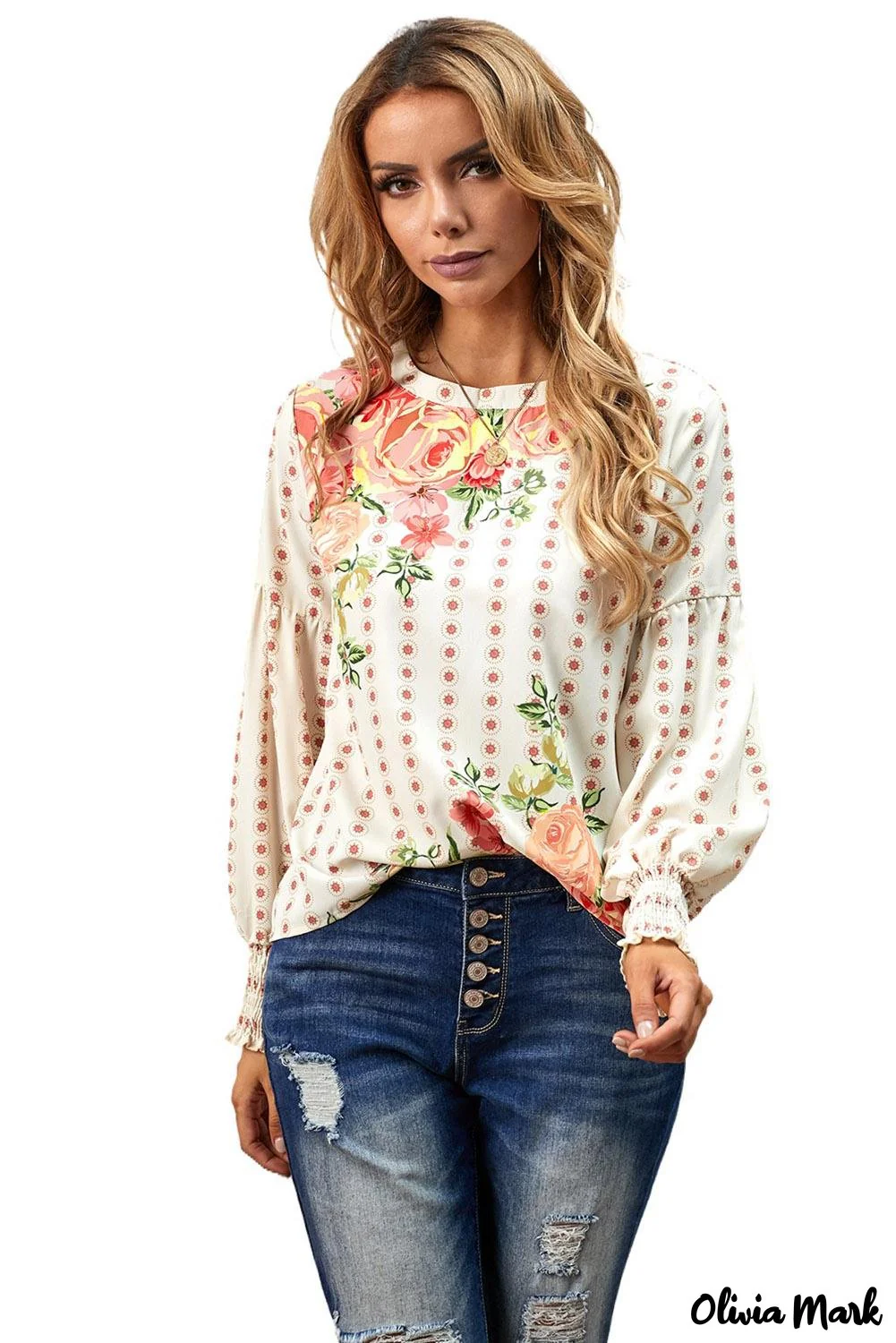 Deanwangkt - Apricot Round Neck Floral Print Balloon Sleeve Blouse - Deanwangkt