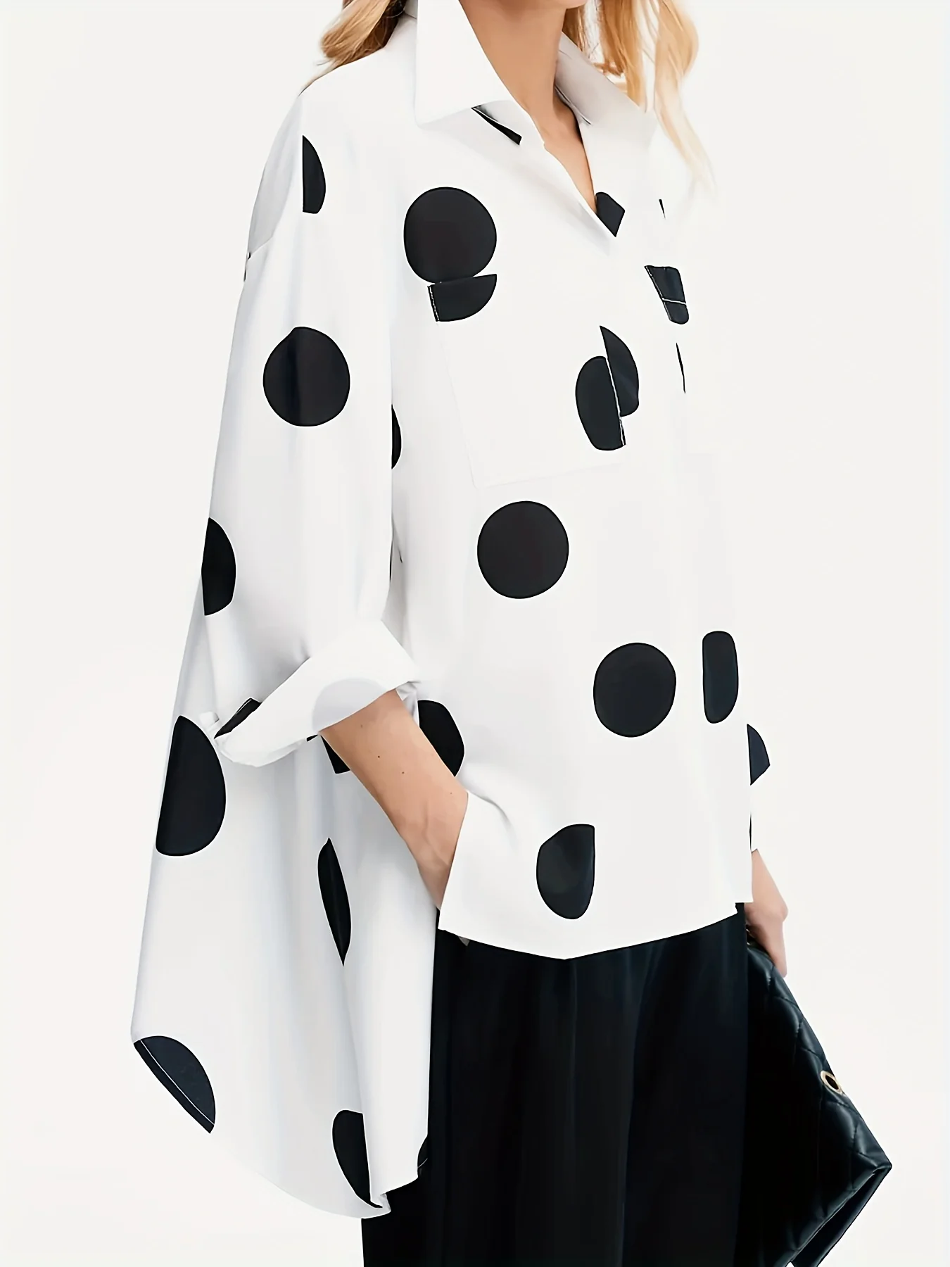 Polka Dot Print Dipped Hem Blouse, Casual Button Front Long Sleeve Blouse, Women's Clothing - Deanwangkt