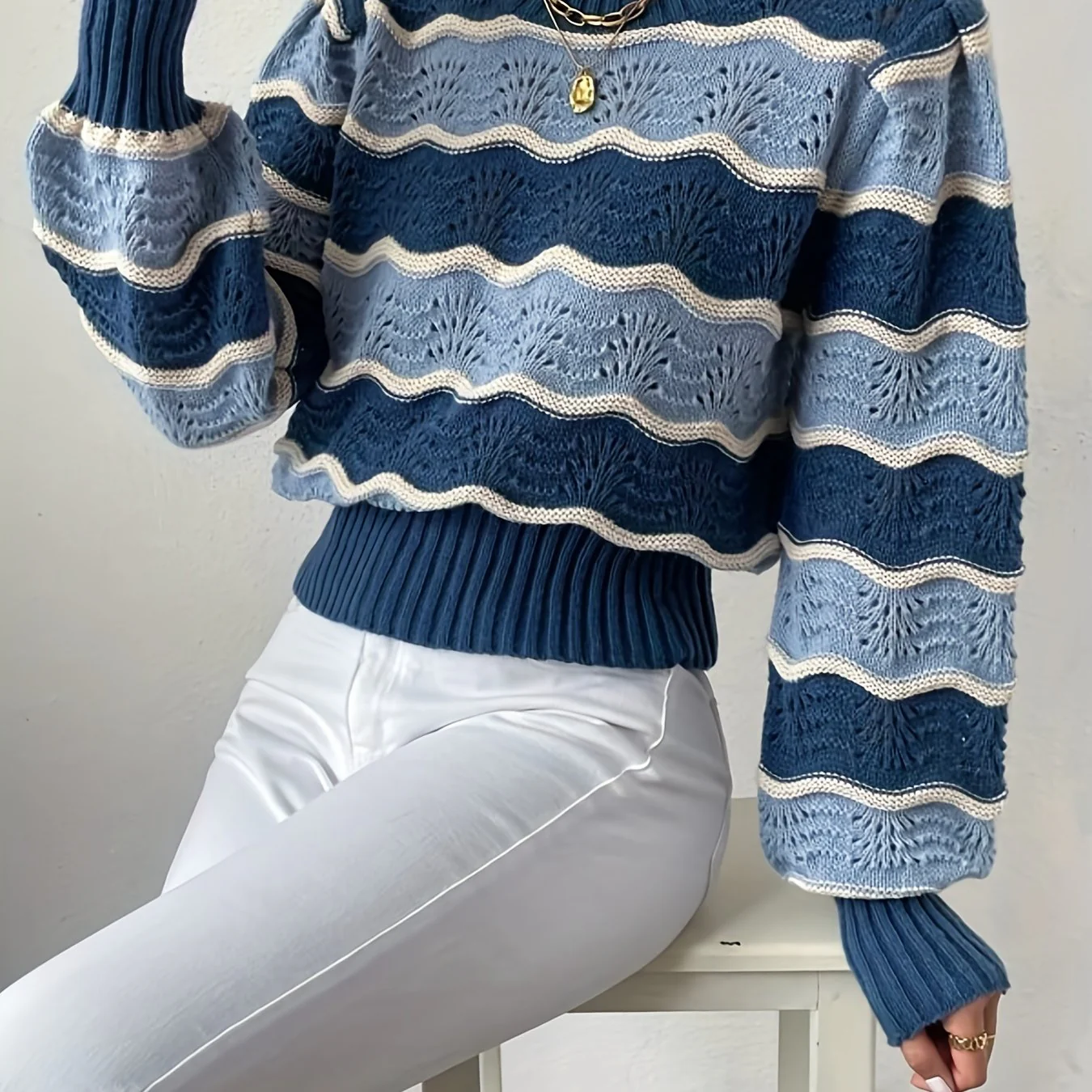 Color Block Striped Pointelle Knit Sweater, Casual Lantern Sleeve Fashion Sweater For Spring & Fall, Women's Clothing - Deanwangkt