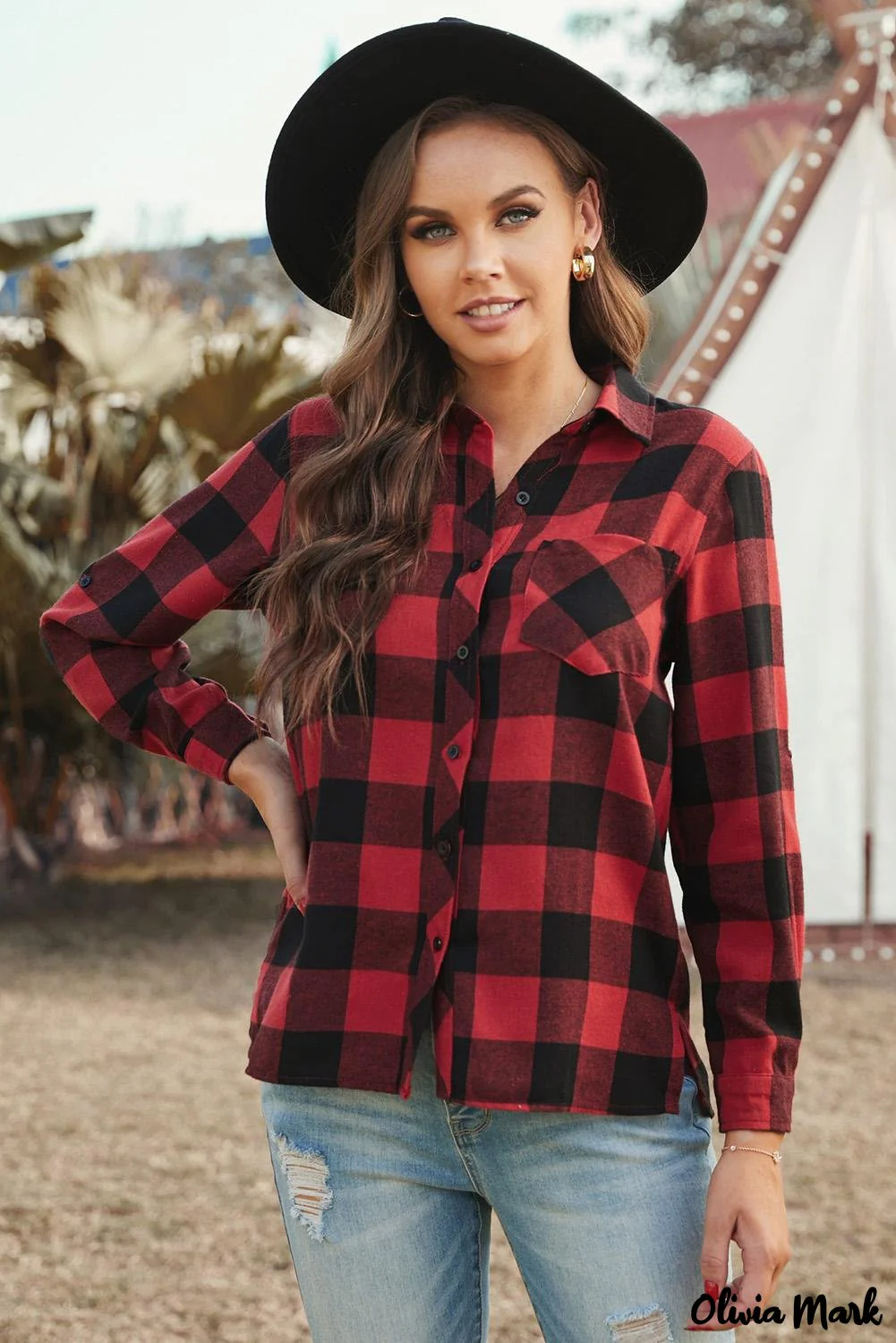 Deanwangkt - Red Buffalo Plaid Blouse with Button Pocket - Deanwangkt
