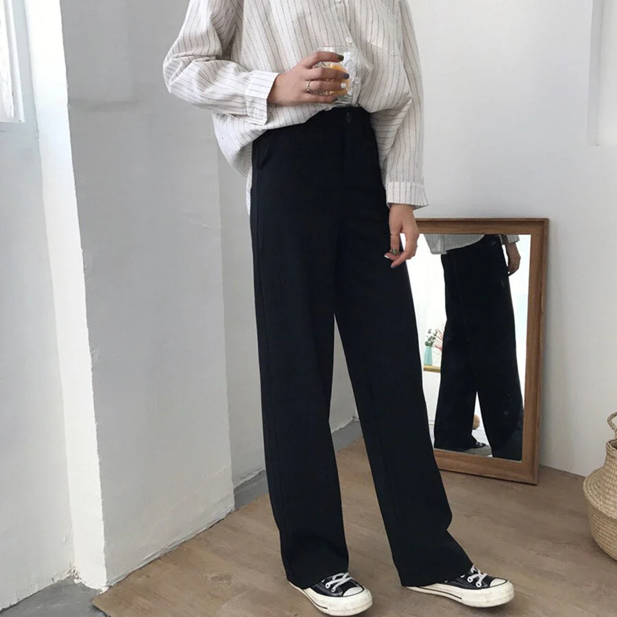 Christmas Gift DeanwangktPants Women Solid Loose High Waist Casual Long Trousers Trendy Pockets Womens Korean Pants Soft Simple Students - Deanwangkt