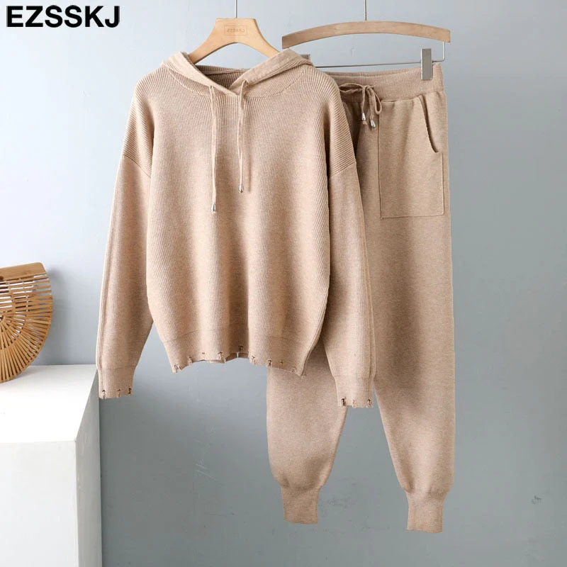Christmas Gift 2 Pieces Set Women hooded sweater Tracksuit Turtleneck Sweater + Carrot Jogging Pants Pullover Sweater Set CHIC Knitted Outwear - Deanwangkt