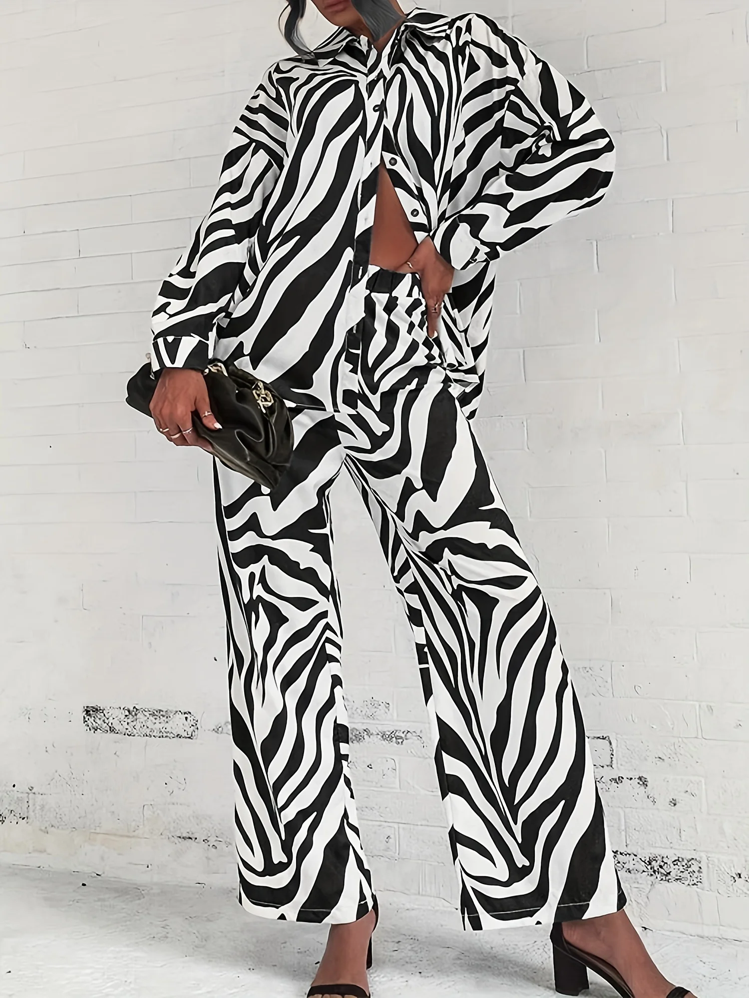 deanwangkt-1 Zebra Print Two-piece Set, Elegant Long Sleeve Button Shirt & Wide Leg Pants Outfits, Women's Clothing - Deanwangkt