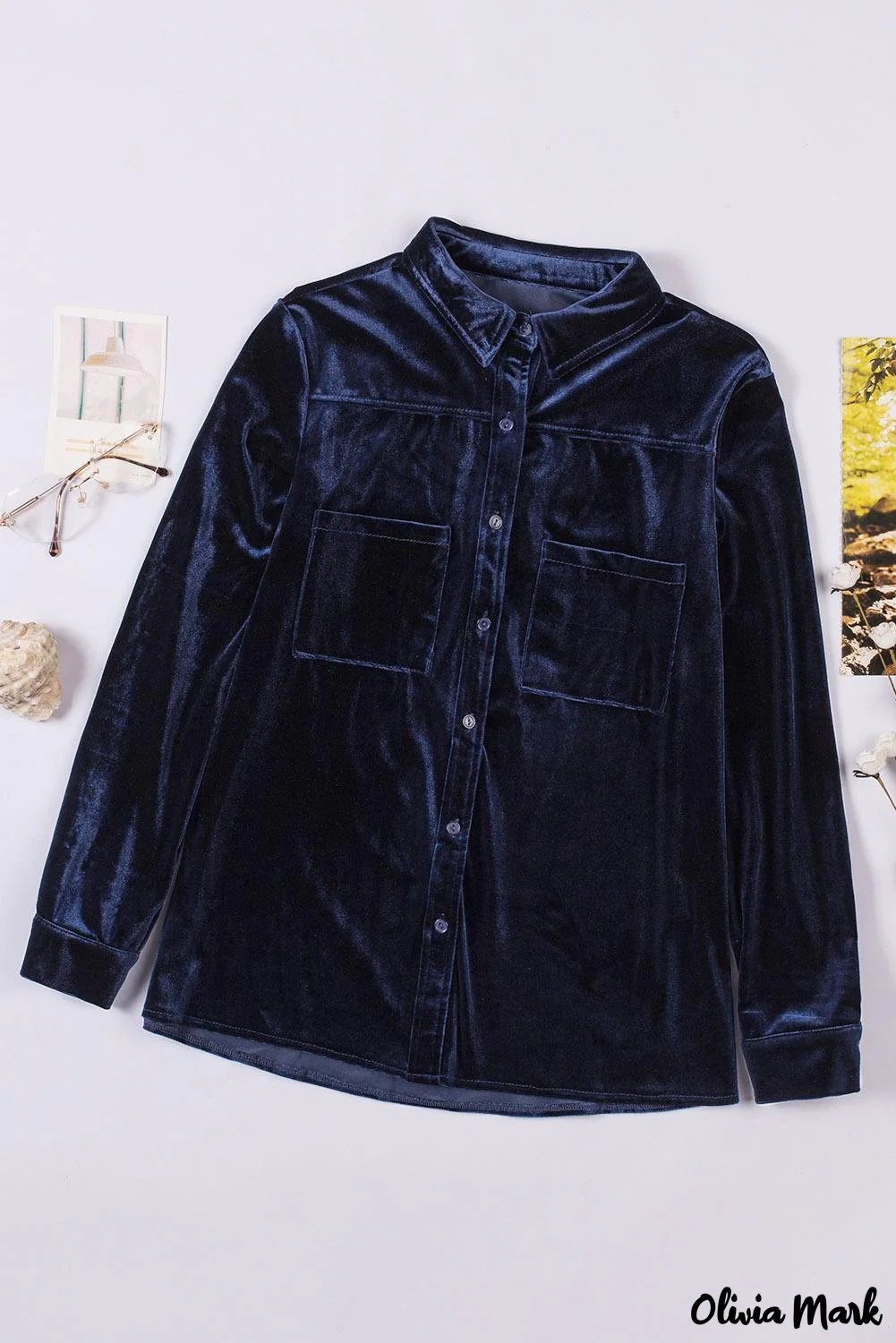 Deanwangkt - Navy Velvet Button Pocket Long Sleeve Shirt - Deanwangkt