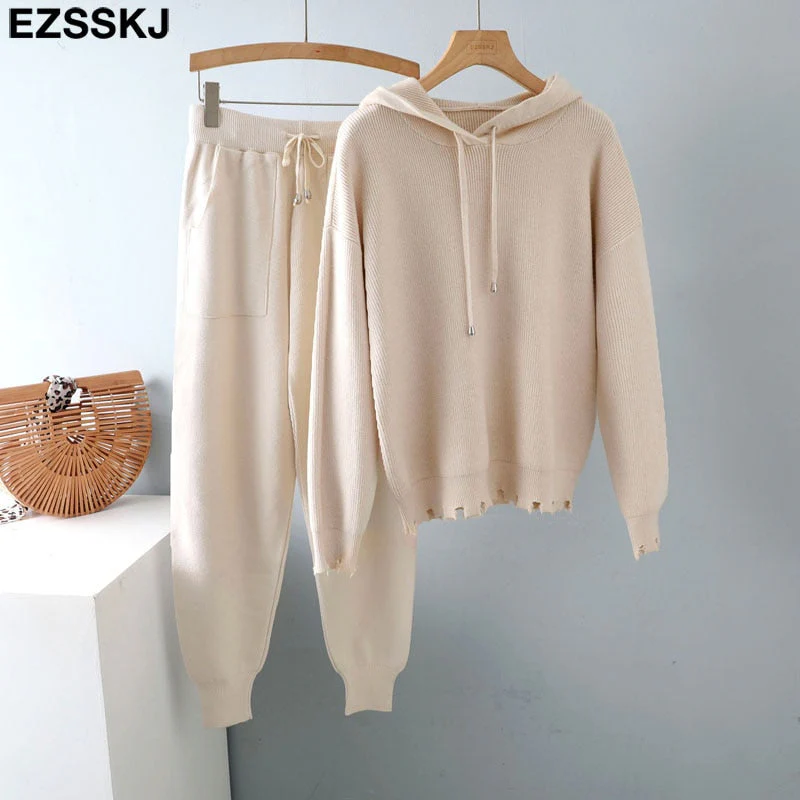 Christmas Gift 2 Pieces Set Women hooded sweater Tracksuit Turtleneck Sweater + Carrot Jogging Pants Pullover Sweater Set CHIC Knitted Outwear - Deanwangkt