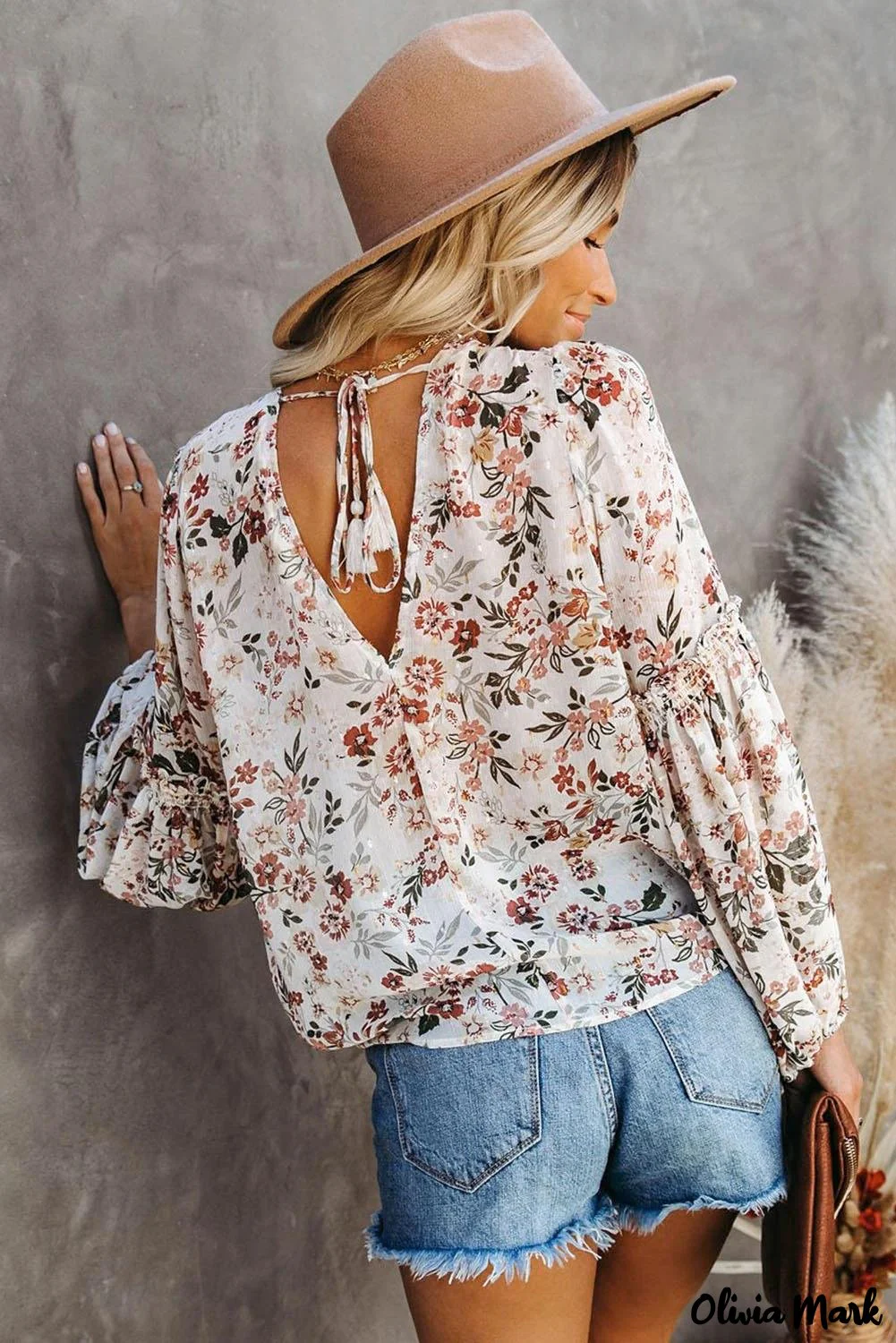 Deanwangkt - Multicolor Draped V-Neck Floral Lantern Sleeve Blouse - Deanwangkt