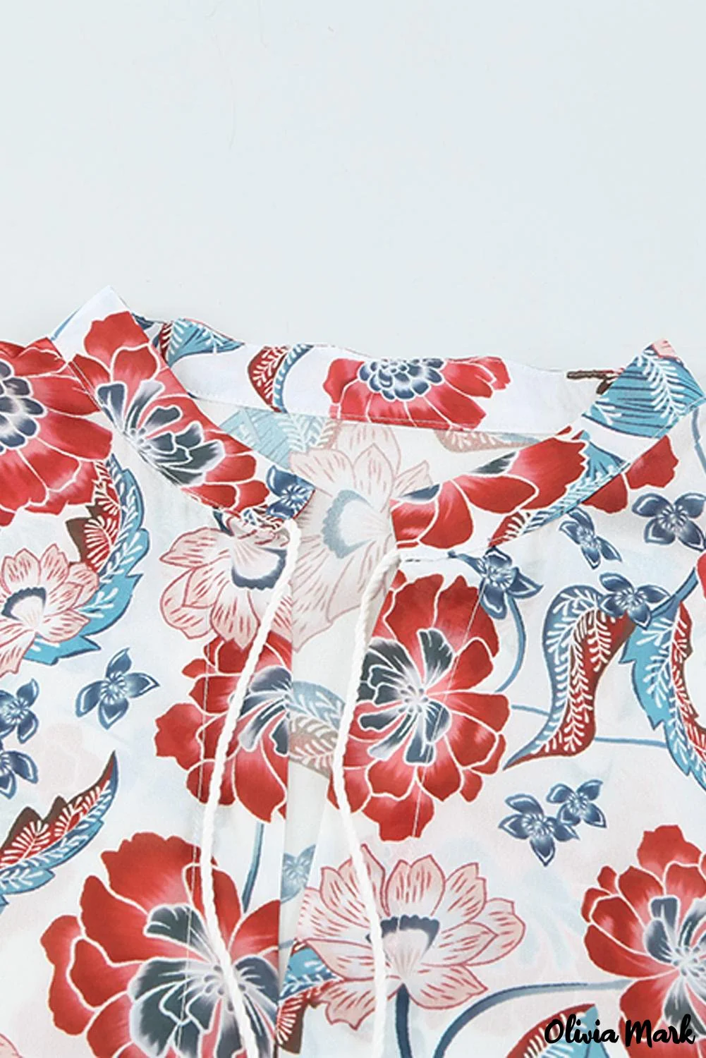 Deanwangkt - Red Floral Patchwork Split Neck Bubble Sleeve Blouse - Deanwangkt