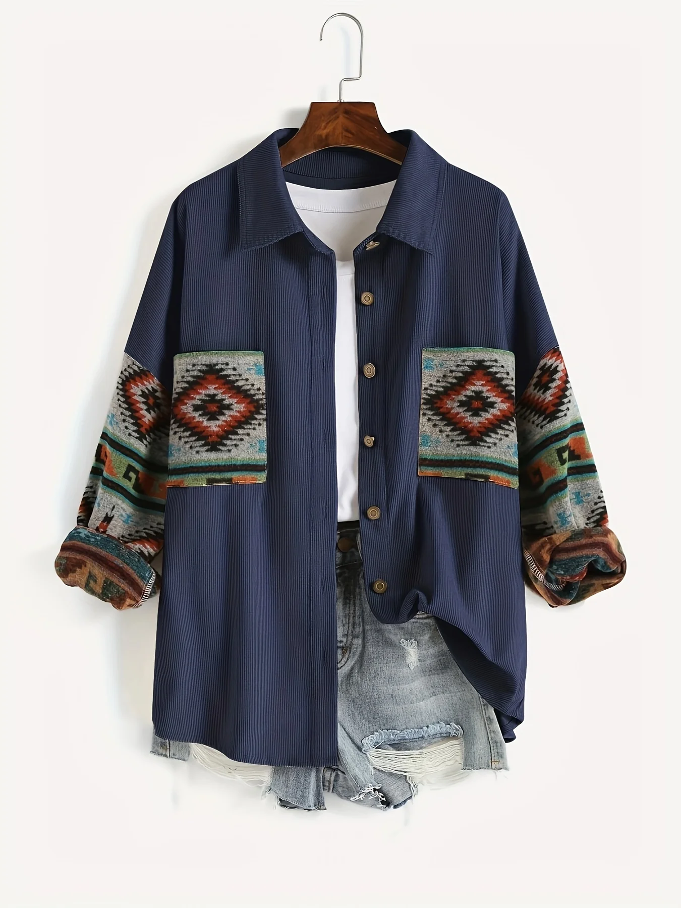 deanwangkt-1 Retro Long Sleeve Lapel Jacket With Pockets, Button Up Casual Outerwear For Fall & Spring, Women's Clothing - Deanwangkt